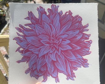 dahlia — in purple, handmade original linocut print