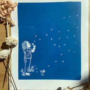 Original Dandelion Child Linocut Print image 1