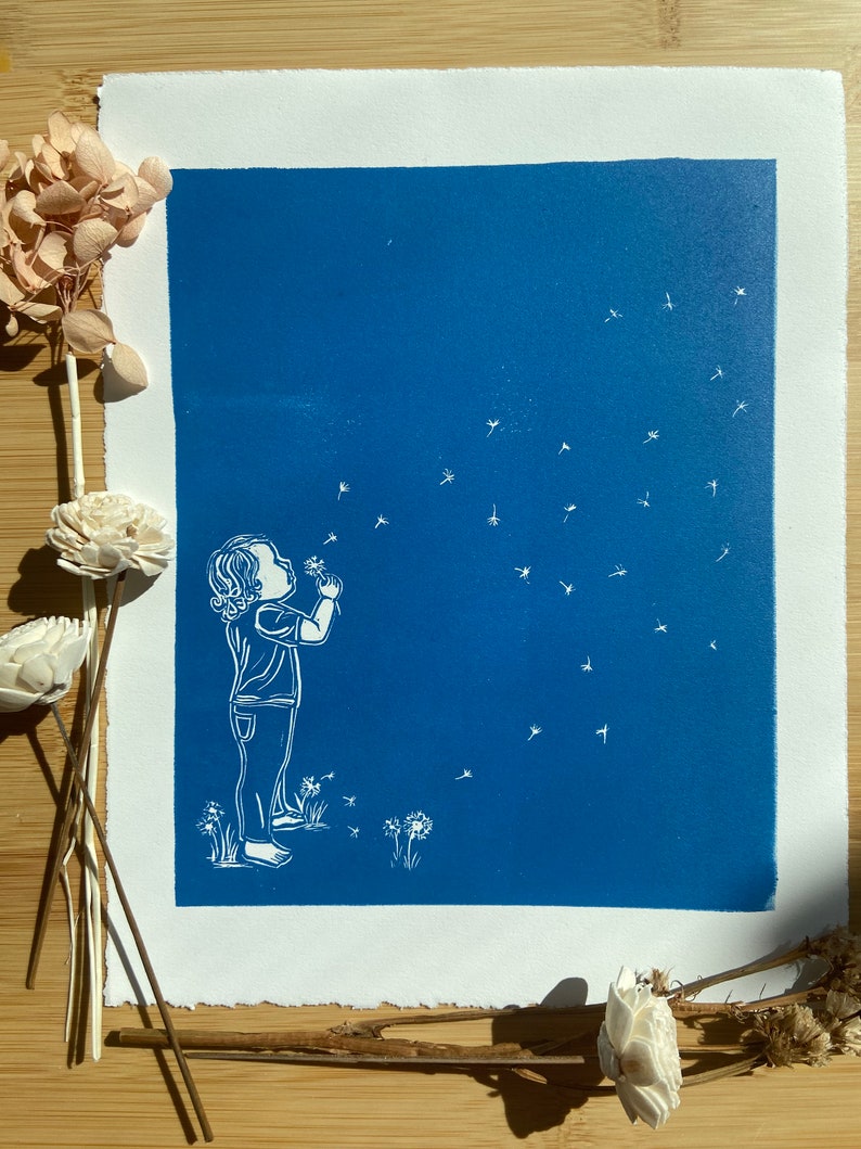 Original Dandelion Child Linocut Print image 1