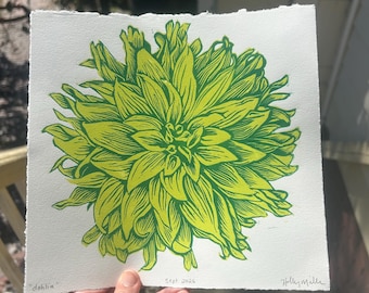 dahlia — in green, handmade original linocut print