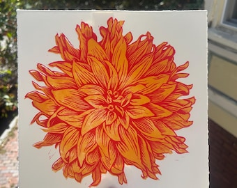 dahlia — in orange/coral, handmade original linocut print