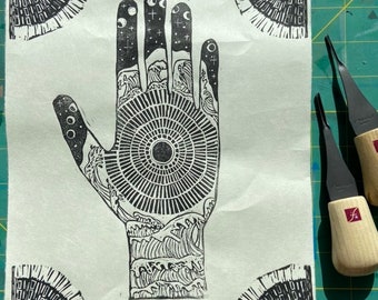 Hand, sun, ocean waves, moon Linocut Print