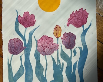 Tulips in the Sun- handmade linocut, limited edition and one of a kind print