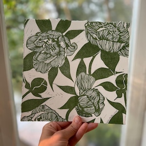 Blooming Peonies (in green) Linocut Print