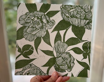 Blooming Peonies (in green) Linocut Print