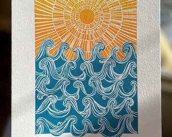 inky waves II linocut print