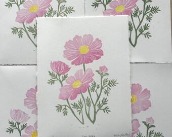 Handmade Cosmos Wildflower Linocut Print