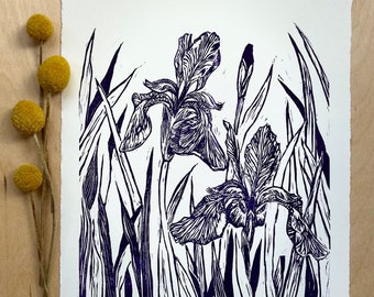 Iris Linocut Print, Deep Violet Floral Art (8x10 inch)