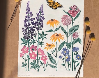 My sister’s garden - handmade Maine wildflower linocut print