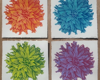 dahlia — set of 4 handmade original linocut prints