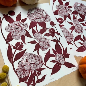 Blooming Peonies Linocut Print- burgundy