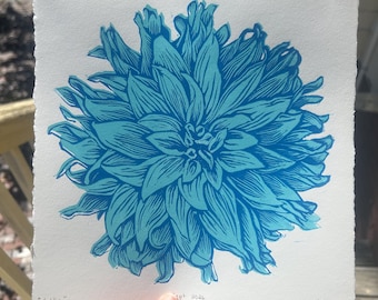 dahlia — in blue, handmade original linocut print