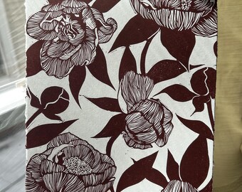 Full Bleed Peonies Handmade Linocut Print in Deep Burgundy
