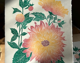 Dahlias Original Linocut Print