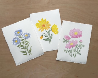 Handmade Wild Flower Linocut Prints set of 3