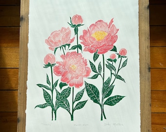 Peonies Linocut Print