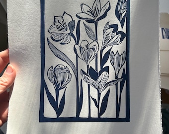 Signs of Spring Linocut Print in Prussian Blue