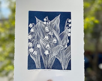 Lily of the Valley Linocut Print in Prussian Blue