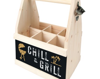 Beer Caddy Flaschenträger für 6 Flaschen aus Fichtenholz "Chill & Grill"