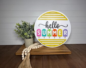 Hand Painted Hello Summer Maple Door Hanger, Popsicle Sign