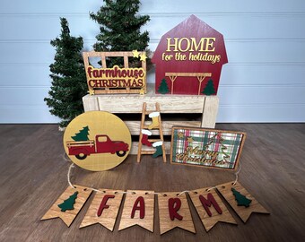 Hand Painted Farmhouse Christmas Tier Tray Decor Set