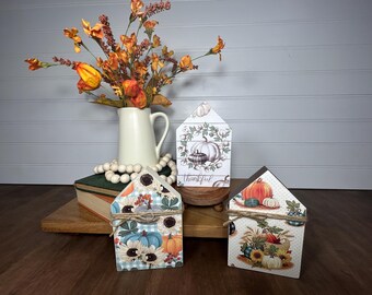 Fall Tier Tray Wood House: Pumpkins, Sunflowers, Berries