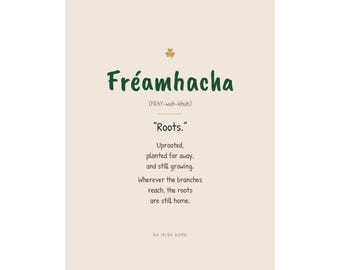 Impresión Fréamhacha, Palabra irlandesa para raíces, Arte de la pared de la herencia irlandesa, Regalo irlandés americano