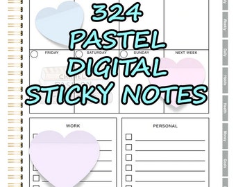 May include: A weekly planner with pastel colored sticky notes in the shape of hearts. The planner has sections for Monday, Tuesday, Wednesday, Thursday, Friday, Saturday, Sunday, and Next Week. The planner also has sections for Work and Personal. The planner has a title that says "324 Pastel Digital Sticky Notes".
