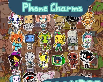 May include: A collection of 20+ phone charms featuring various cartoon characters. The charms are 1.5 inches in size and have a variety of colors and designs. Text on the image reads "Regretevator 1.5" Phone Charms" and "20+ NPCs".