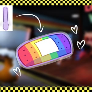 May include: A colorful bandage sticker with a rainbow gradient design, featuring a white center. A small, light purple hair clip is in the upper left corner. White heart illustrations are scattered around the bandage.