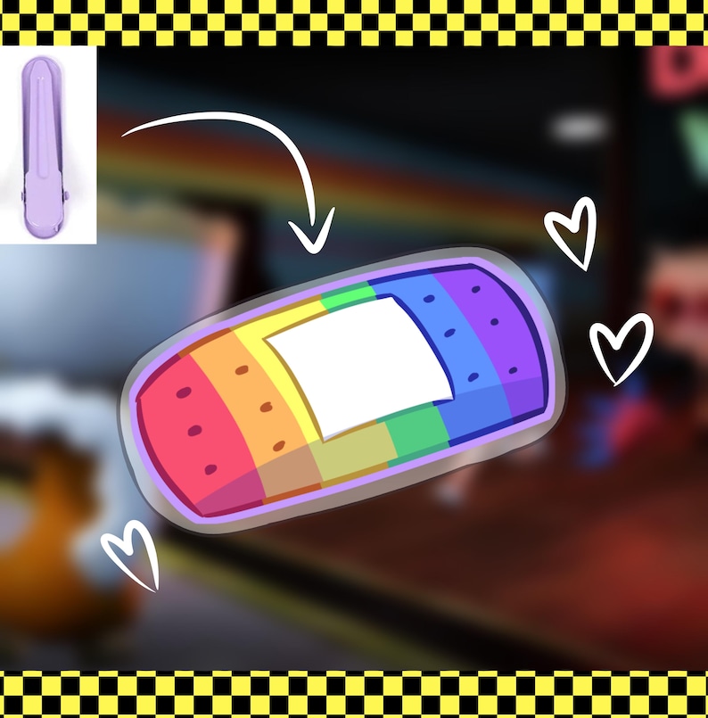 May include: A colorful bandage sticker with a rainbow gradient design, featuring a white center. A small, light purple hair clip is in the upper left corner. White heart illustrations are scattered around the bandage.