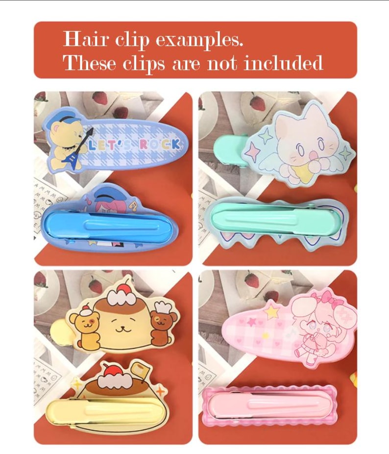 May include: A collection of colorful hair clips with various cartoon designs, including a bear, cat, and pudding characters. The clips are in shades of blue, green, yellow, and pink. Text at the top reads "Hair clip examples. These clips are not included."
