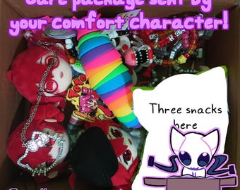 May include: A small care package containing a variety of items. The box includes red plush toys, a rainbow caterpillar toy, and other figurines. Text on the box reads "Care package sent by your comfort character!" and "Three snacks here."