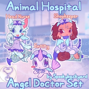 May include: An Animal Hospital Angel Doctor Set featuring three cartoon characters labeled Head Nurse, Shopkeeper, and Entity. The characters wear nurse caps with heart symbols and medical outfits. A purple heart-shaped keychain is shown in the corner.
