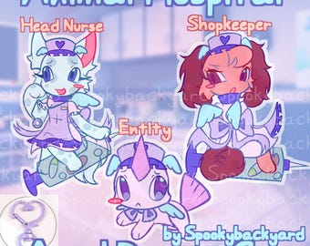 May include: An Animal Hospital Angel Doctor Set featuring three cartoon characters labeled Head Nurse, Shopkeeper, and Entity. The characters wear nurse caps with heart symbols and medical outfits. A purple heart-shaped keychain is shown in the corner.