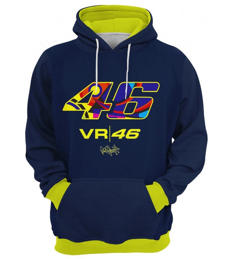 May include: A navy blue hoodie with a yellow hood lining. The front of the hoodie features a large, colorful number 46 with the text "VR|46" underneath.