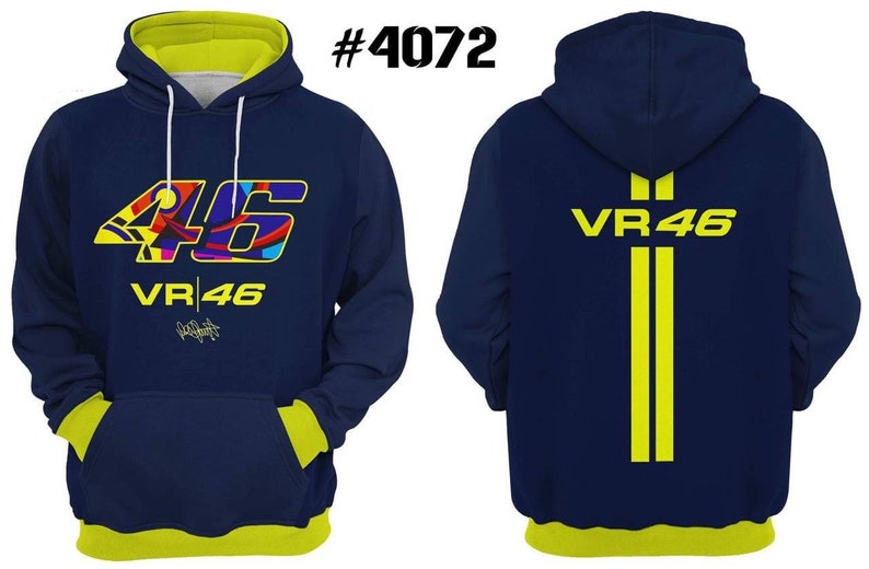 May include: A navy blue hoodie with yellow accents. The front features a colorful graphic of the number 46 with the text "VR46". The back features the text "VR46" in yellow with two yellow stripes.