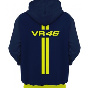 May include: A navy blue hoodie with a yellow stripe down the back and the text "VR46" in yellow.