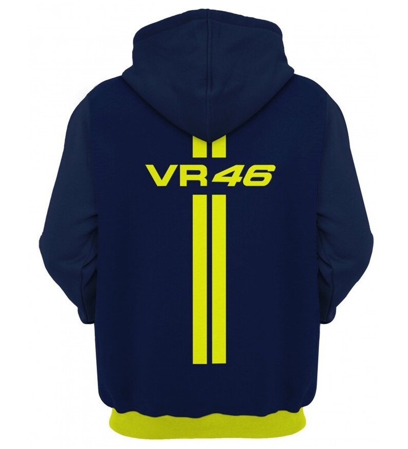 May include: A navy blue hoodie with a yellow stripe down the back and the text "VR46" in yellow.