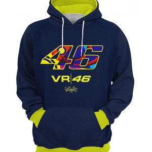 May include: A navy blue hoodie with a yellow hood lining. The front of the hoodie features a large, colorful number 46 with the text "VR|46" underneath.