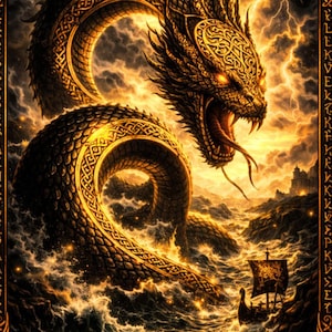 Art du serpent scandinave Jörmungandr, affiche de la mythologie viking, impression de fantaisie serpent du monde (téléchargement numérique)