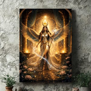 May include: A digital art print depicting a celestial figure with golden wings, a crown, and a staff. The figure is in a flowing white and gold gown, standing in a glowing, ornate setting with lotus flowers. The artwork has a fantasy theme.