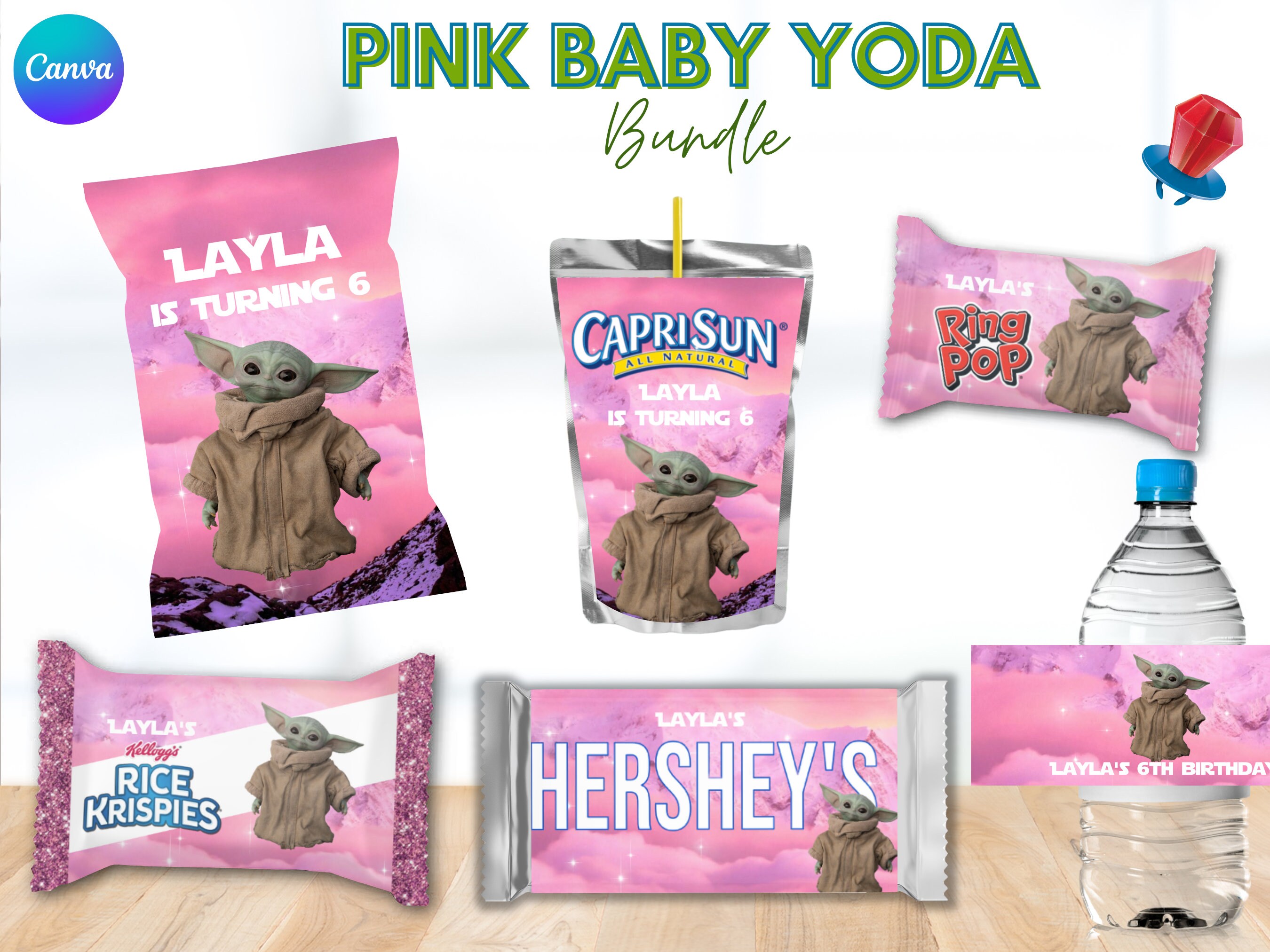 Baby Yoda Pink Kids Birthday Party Bundle, Kids Birthday Favors