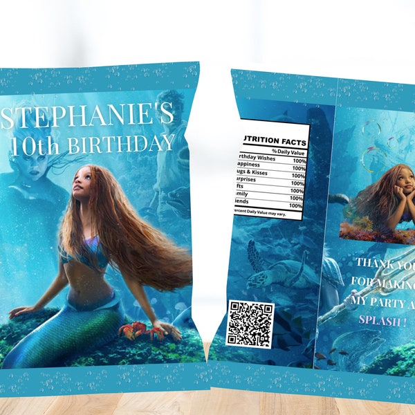 Little Mermaid Ariel  Chip Bag, Editable Little Mermaid Ariel Digital Party Favors, Little Mermaid Ariel, Princess Party Favors