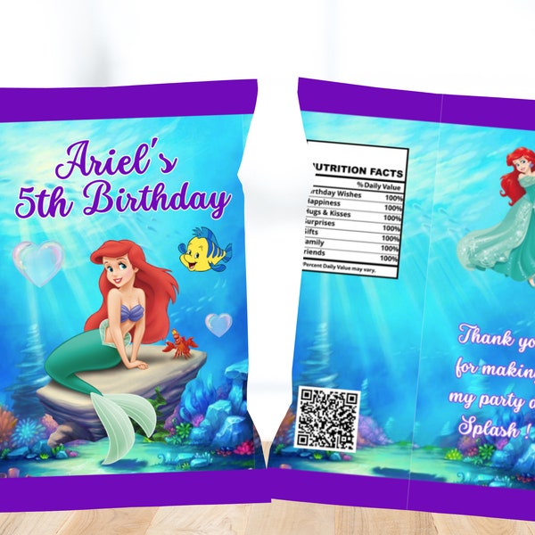 Little Mermaid Ariel  Chip Bag, Editable Little Mermaid Ariel Digital Party Favors, Little Mermaid Ariel, Princess Party Favors, Chip Bag