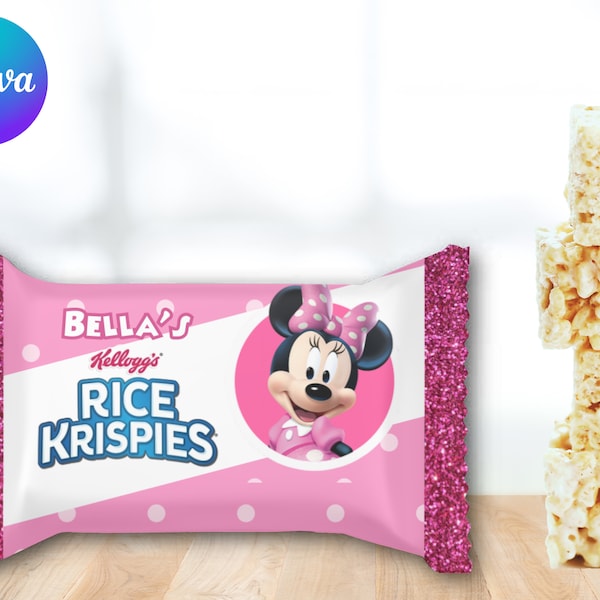 Birthday Rice Krispie Treat .78 oz, Wrapper Template, Editable, Digital Download, Street, Printable, Minnie Mouse Birthday, Pink Birthday