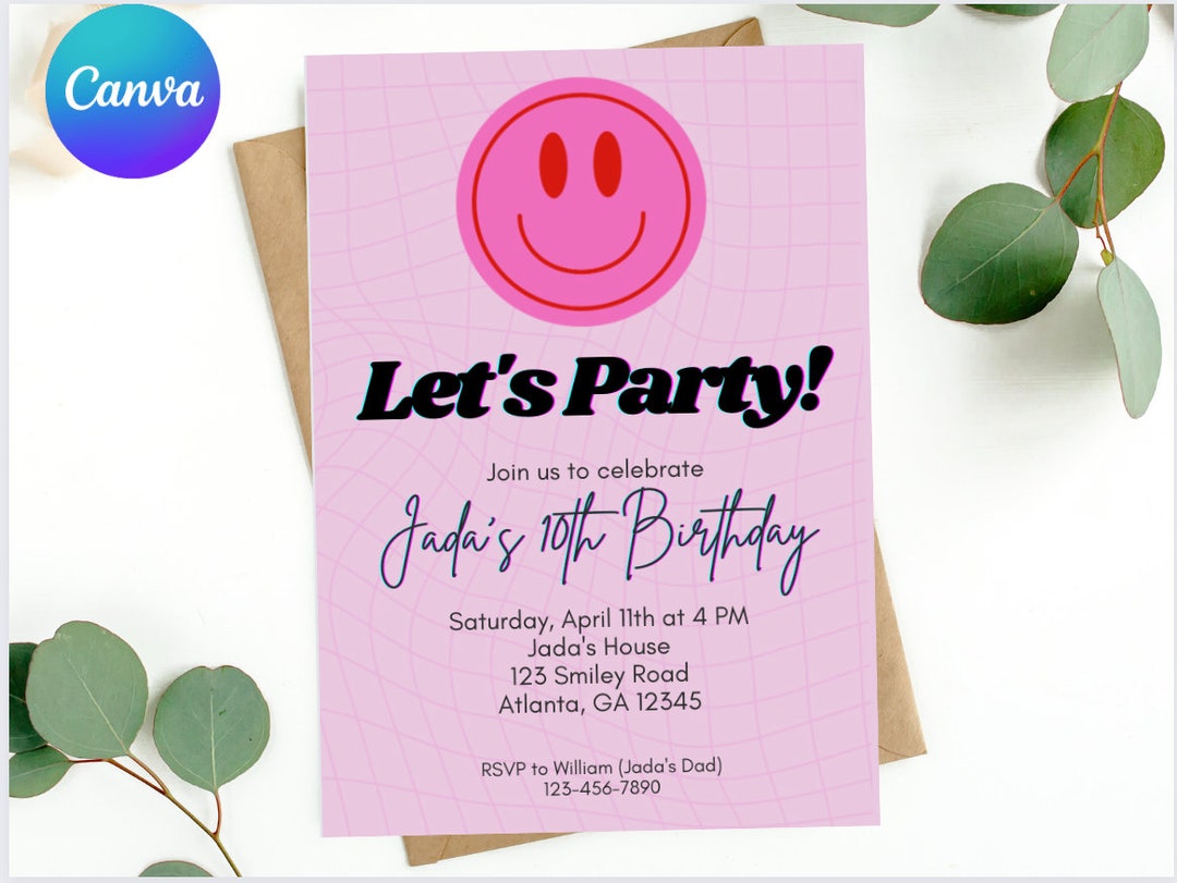Smiley Birthday Invitation, Smiley Face Editable Template, Modern Happy