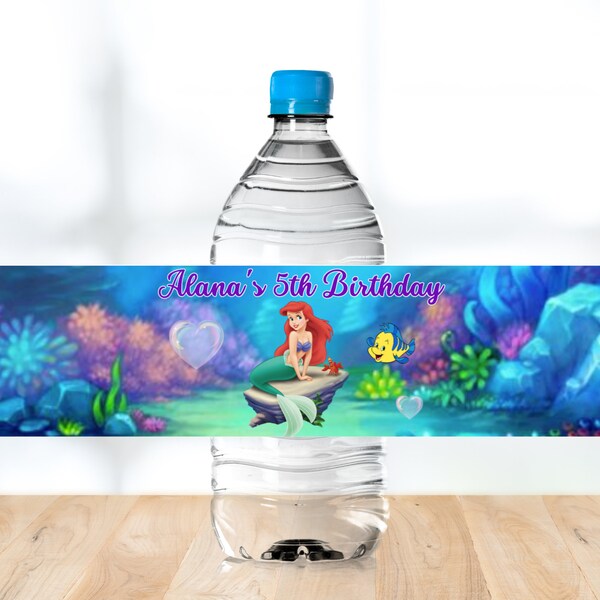 Editable Little Mermaid Ariel Water Bottle Labels, Printable templates, kids Birthday beverage drink labels, kids Editable water labels