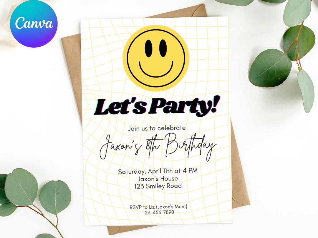 Smiley Birthday Invitation, Smiley Face Editable Template, Modern Happy