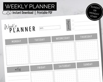 Weekly Planner Printable / Digital Planner Template, Monday or Sunday Start, A4 or US Letter, Instant Digital Download